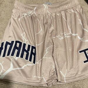 Inaka Power Beige Athletic Shorts with Navy Accents